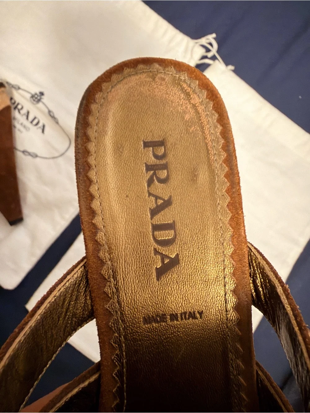 Prada Brown Suede Cork Wedge Sandals with Gold Studs